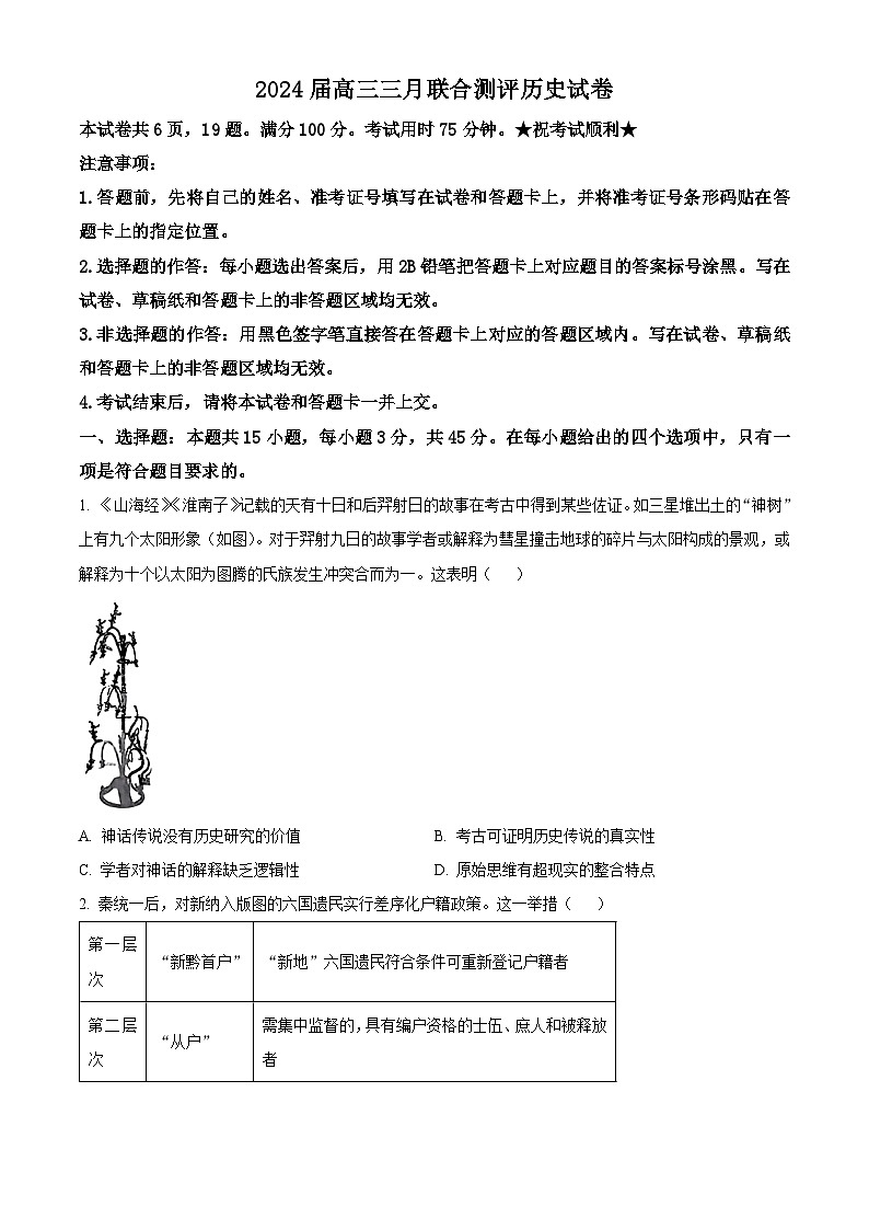 2024湖北省高中名校联盟高三下学期3月一模测评历史试卷含解析01