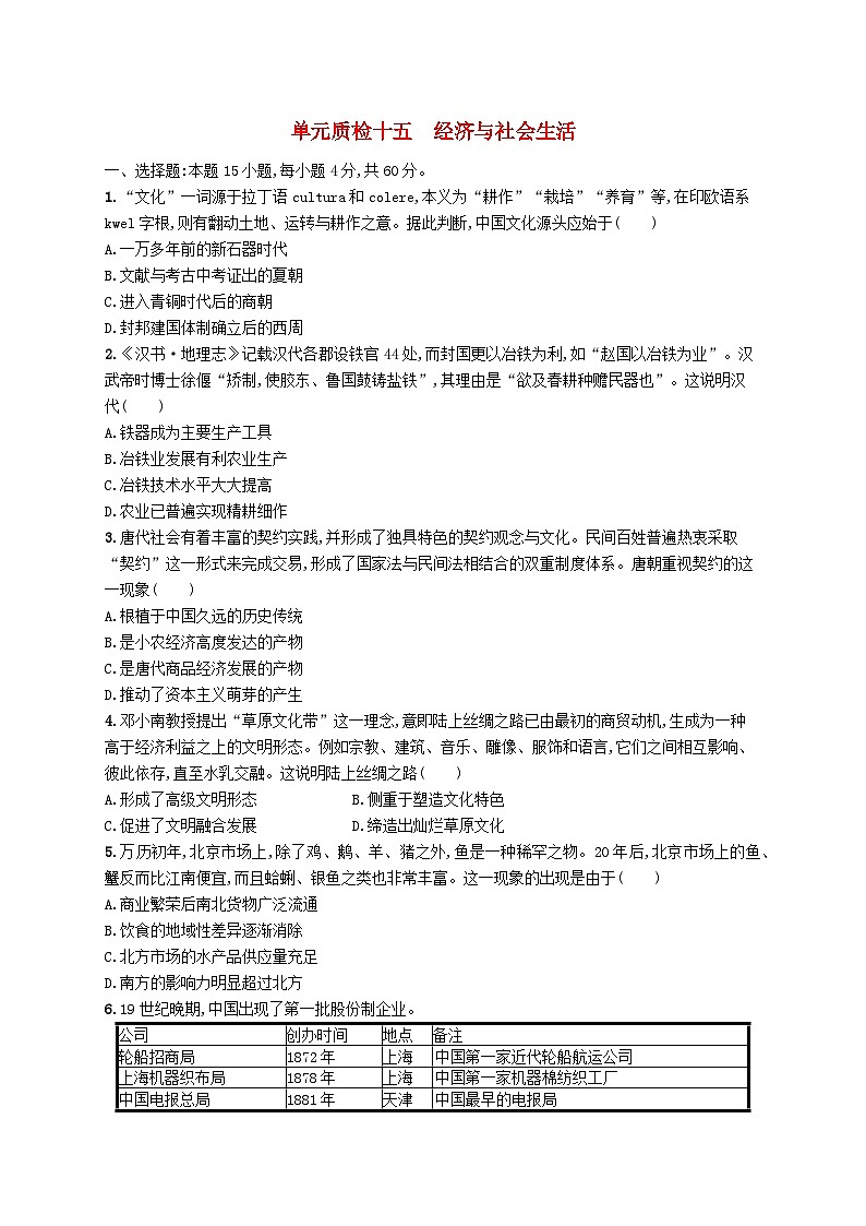 2025届高考历史一轮复习专项练习单元质检十五经济与社会生活第1页
