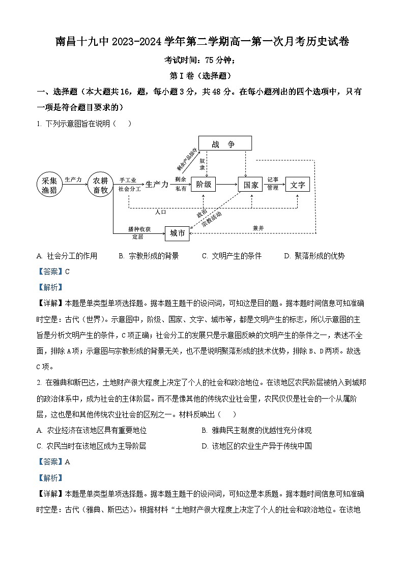 江西省南昌市第十九中学2023-2024学年高一下学期第一次月考历史试题（原卷版+解析版）01