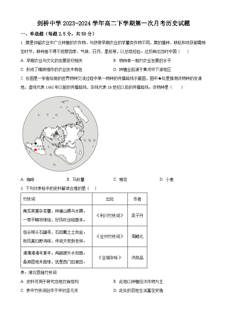 内蒙古自治区呼和浩特市剑桥中学2023-2024学年高二下学期第一次月考历史试题（原卷版+解析版）01