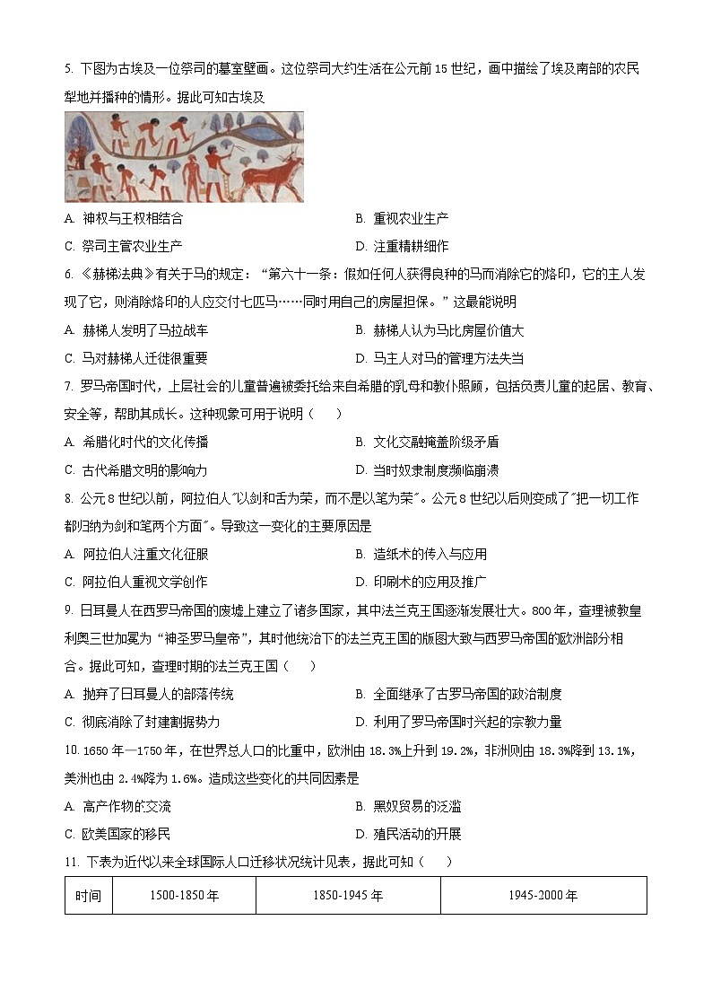山东省滨州惠民文昌中学2023-2024学年高二下学期第一次月考历史试题（原卷版+解析版）02