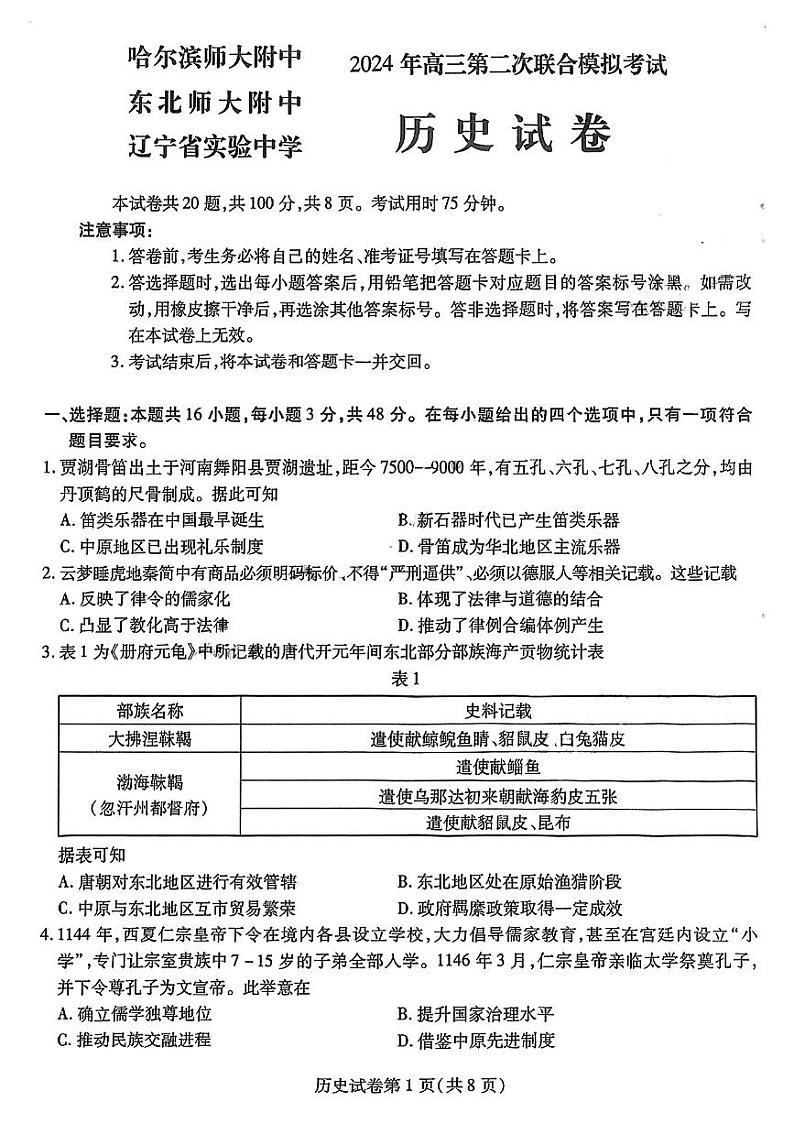 2024东北三省三校高三二模历史试题含参考答案01