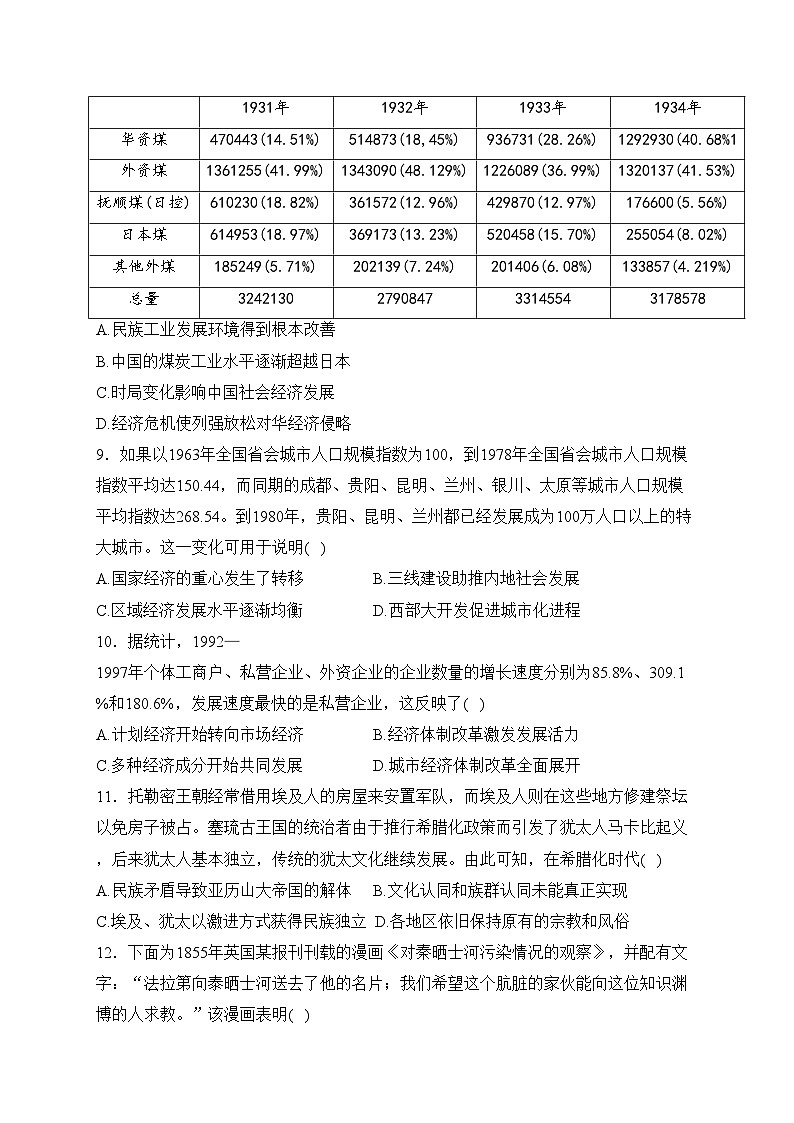 重庆市渝西中学2024届高三下学期3月月考历史试卷(含答案)第3页