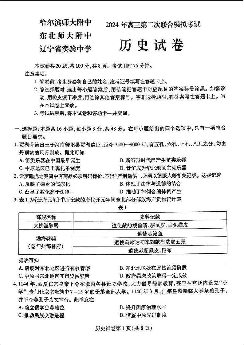 2024届东北三省三校高三第二次联合模拟考试历史试题及答案第1页