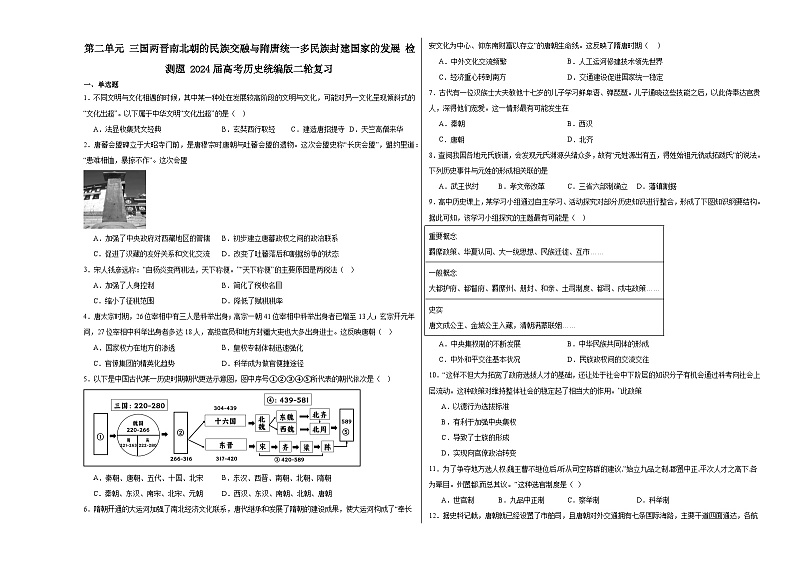 第二单元 三国两晋南北朝的民族交融与隋唐统一多民族封建国家的发展 检测题（含解析） 2024届高考历史统编版二轮复习第1页