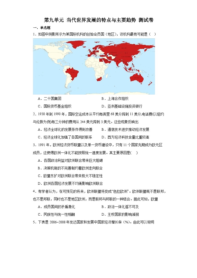 第九单元 当代世界发展的特点与主要趋势 测试卷（含解析） --2024届高三统编版2019必修中外历史纲要下册二轮复习01