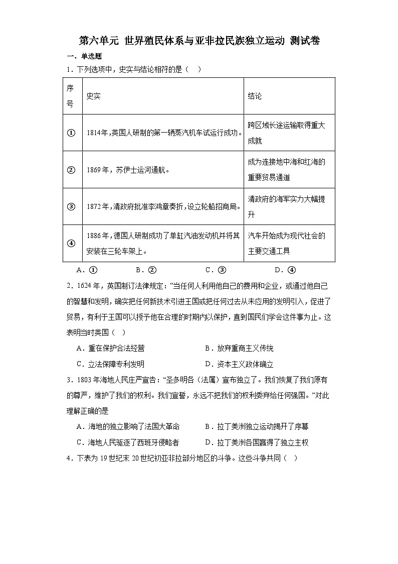 第六单元 世界殖民体系与亚非拉民族独立运动 测试卷 （含解析）--2024届高三统编版（2019）必修中外历史纲要下二轮复习第1页