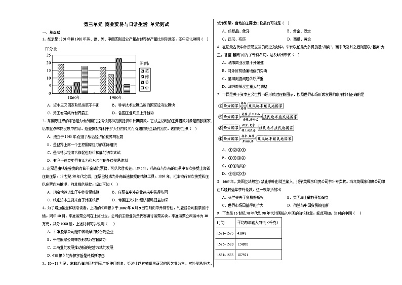 第三单元 商业贸易与日常生活 单元测试（含解析）--2024届高三历史统编版（2019）选择性必修2二轮复习专练01