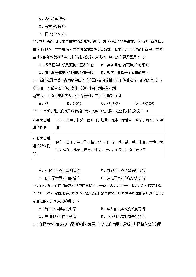 第一单元 食物生产与社会生活 单元测试（含解析） 2024届高三历史统编版（2019）选择性必修2二轮复习03