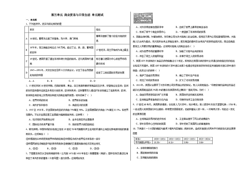 第三单元 商业贸易与日常生活 单元测试（含解析）--2024届高三历史统编版（2019）选择性必修2二轮复习01
