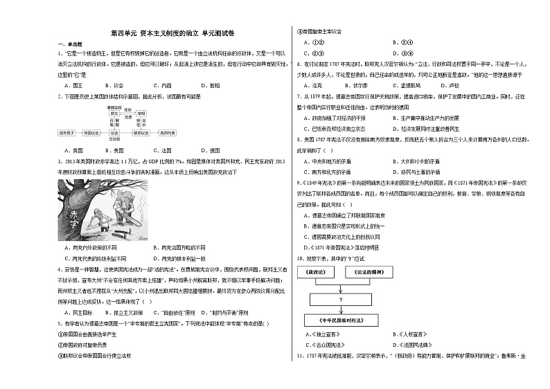 第四单元 资本主义制度的确立 单元测试卷（含解析）--2024届高三统编版（2019）必修中外历史纲要下二轮复习01
