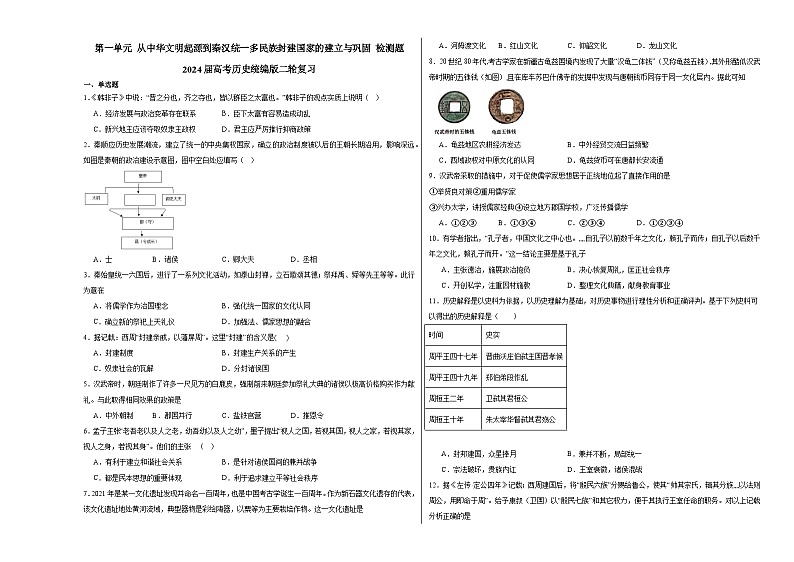 第一单元 从中华文明起源到秦汉统一多民族封建国家的建立与巩固 检测题（含解析） 2024届高考历史统编版二轮复习01