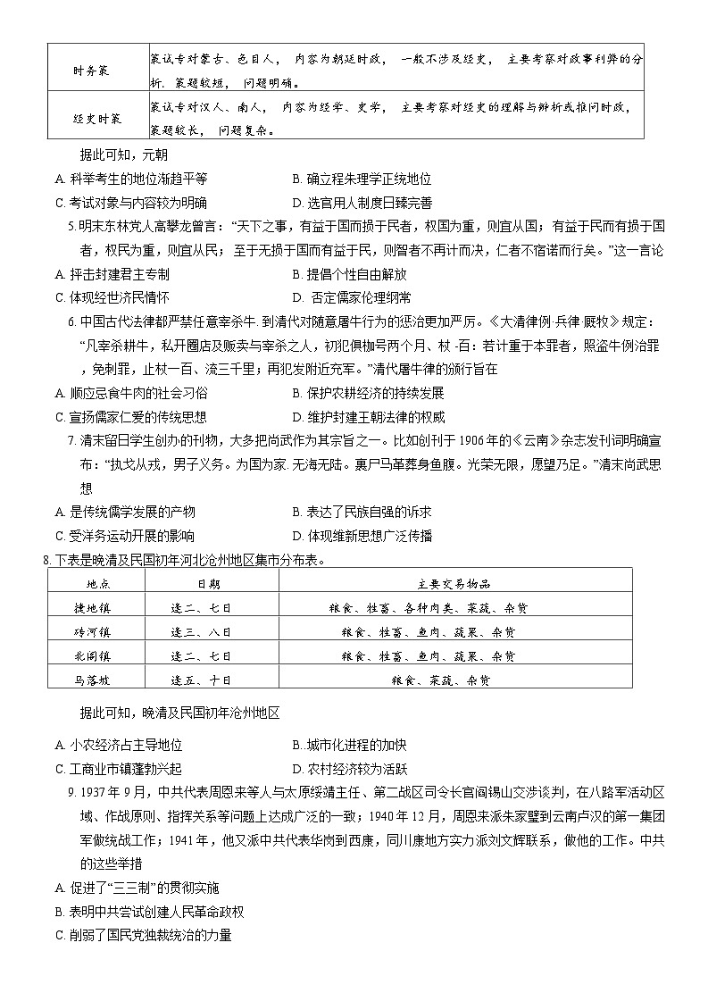 重庆市第八中学校2023-2024学年高三下学期适应性月考（六）历史试题第2页