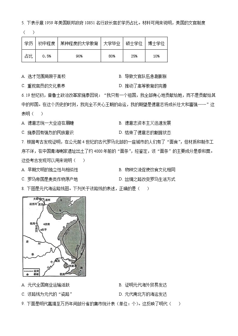 湖南省天壹名校联盟2023-2024学年高二下学期3月联考历史试题无答案第2页