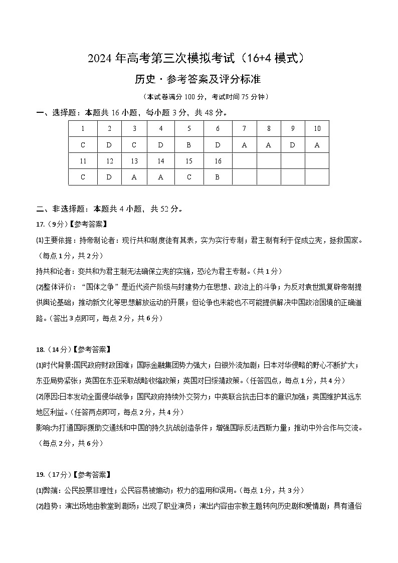 历史（七省新高考卷02，16+4模式）（参考答案及评分标准）第1页