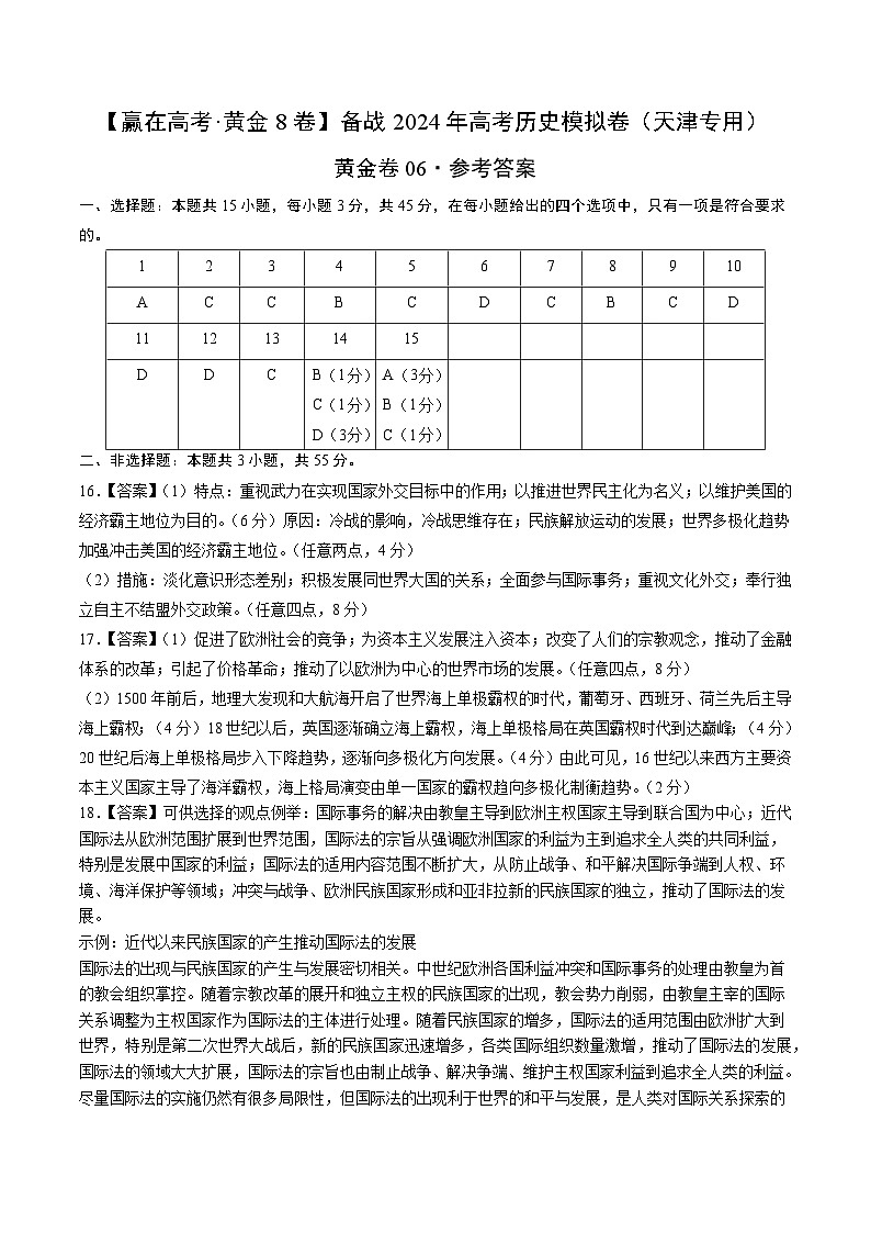 黄金卷06-【赢在高考·黄金8卷】备战2024年高考历史模拟卷（天津专用）01