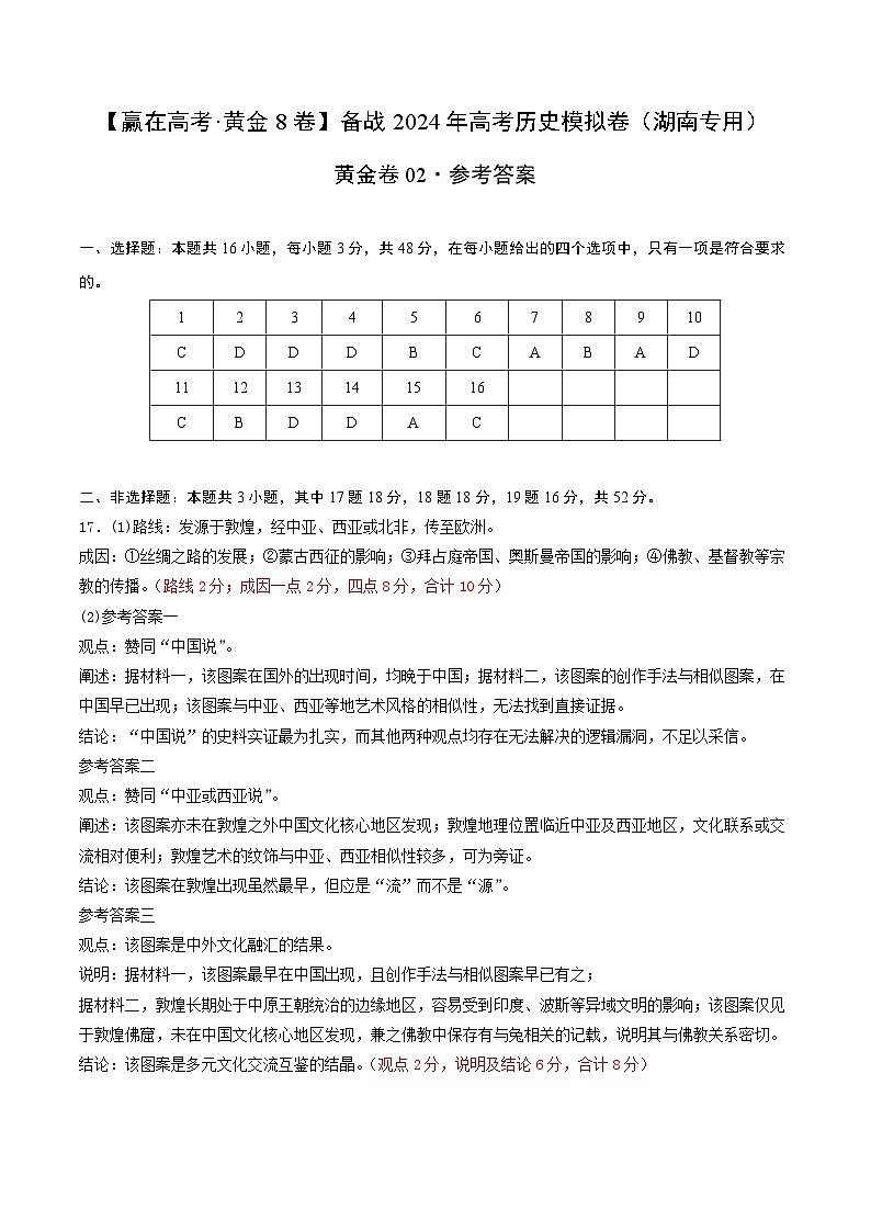 备战2024年高考历史模拟卷02（湖南专用）（参考答案）第1页