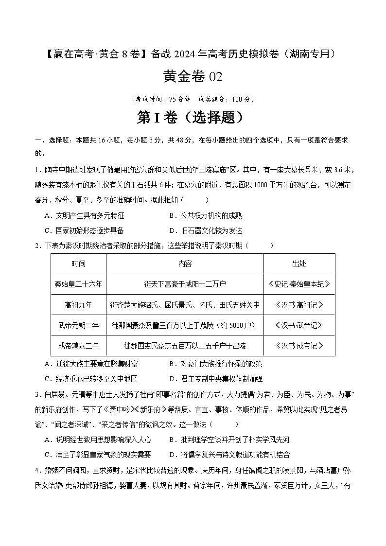 备战2024年高考历史模拟卷02（湖南专用）（考试版） 第1页