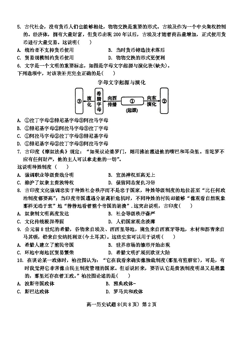 河北省邯郸市部分学校2023-2024学年高一下学期3月月考历史试卷（Word版附解析）第2页
