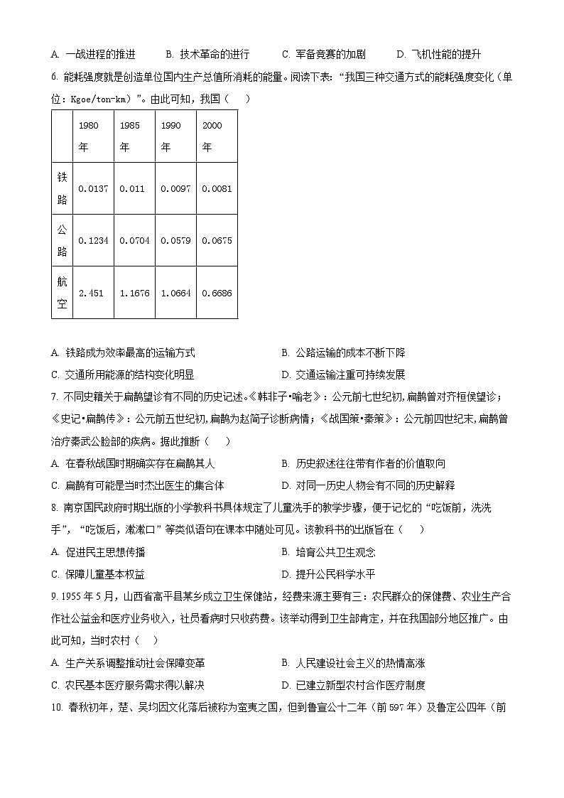 四川省南充高级中学2023-2024学年高二下学期3月月考历史试卷（Word版附解析）02