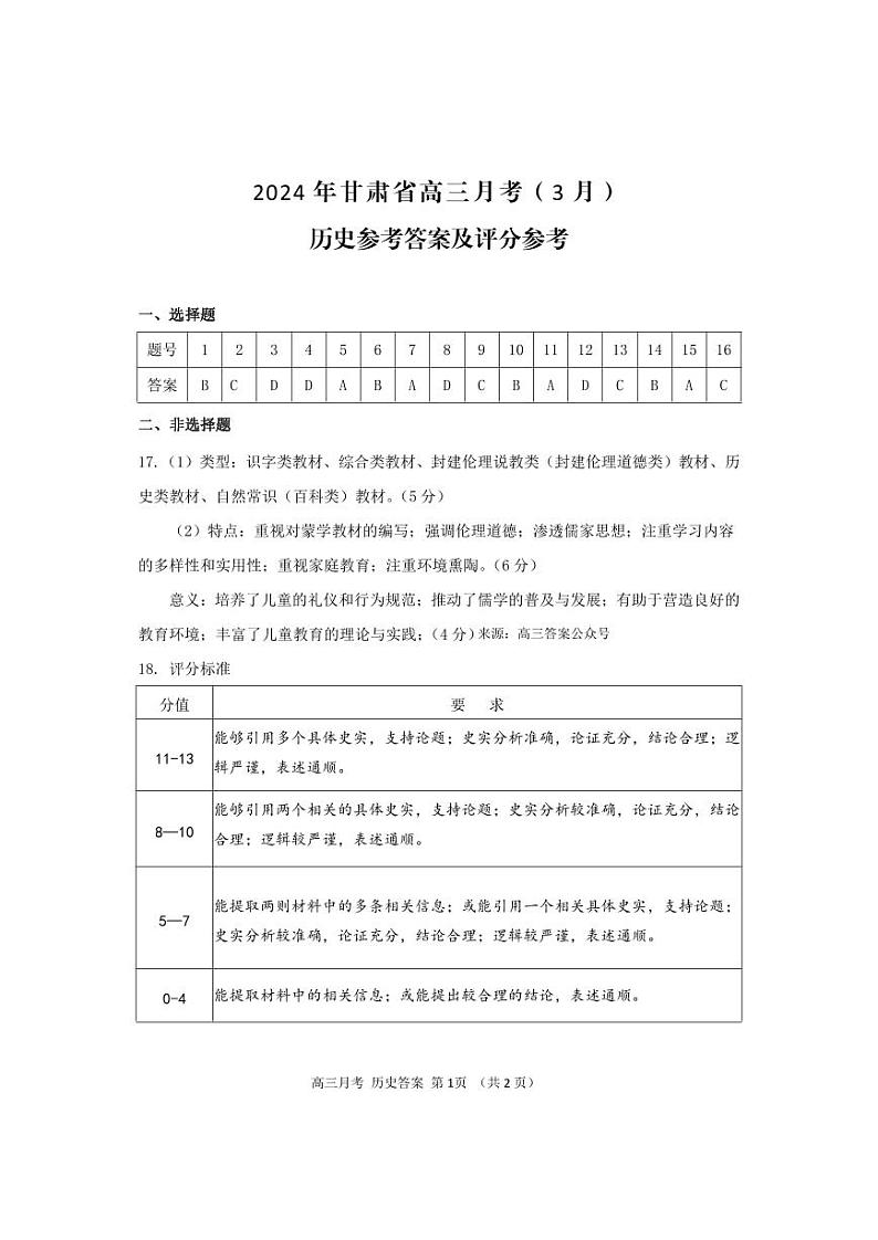 2024届甘肃省高三下学期3月一模历史试题及答案01