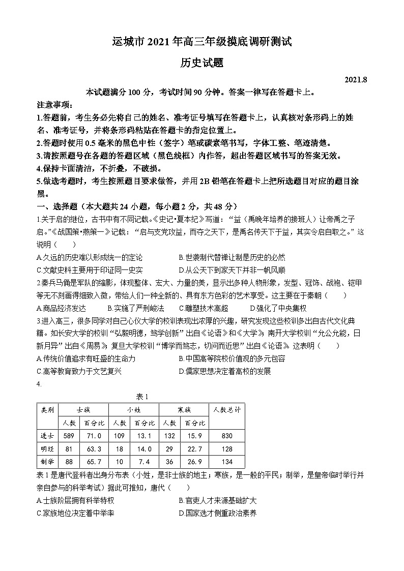 山西省运城市2022届高三上学期入学摸底测试历史试题01