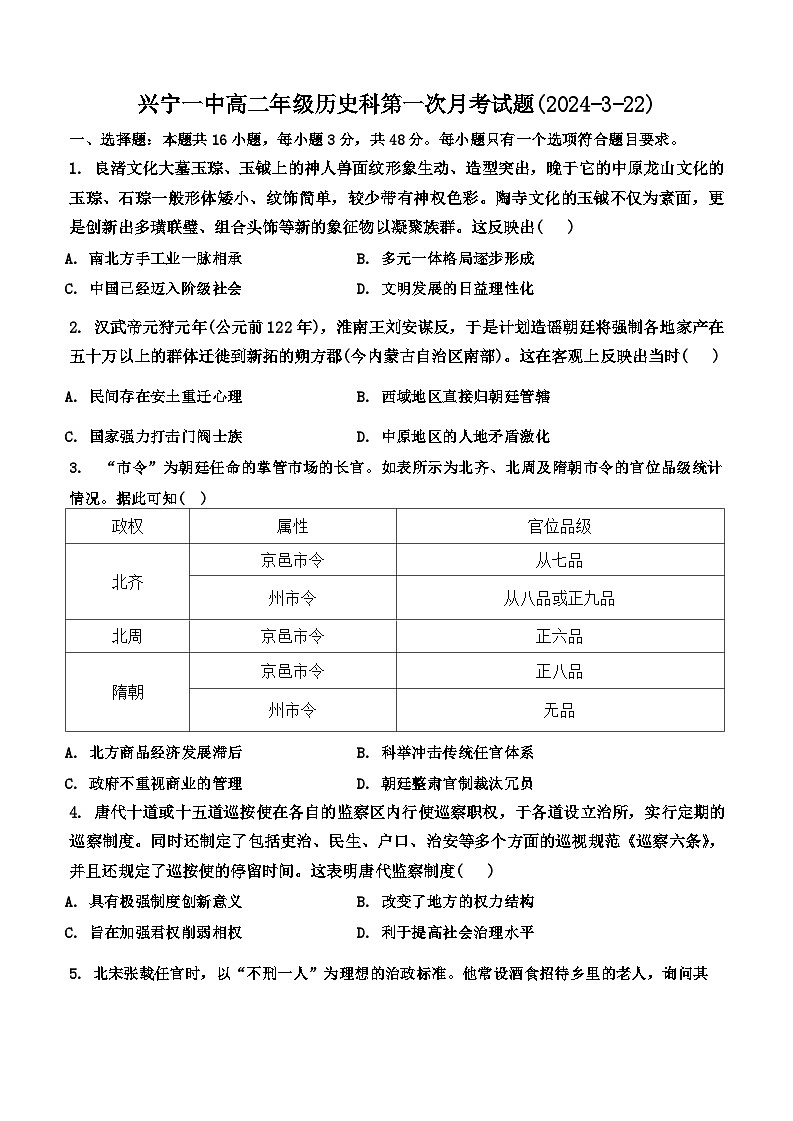 广东省兴宁市第一中学2023-2024学年高二下学期第一次月考历史试题01