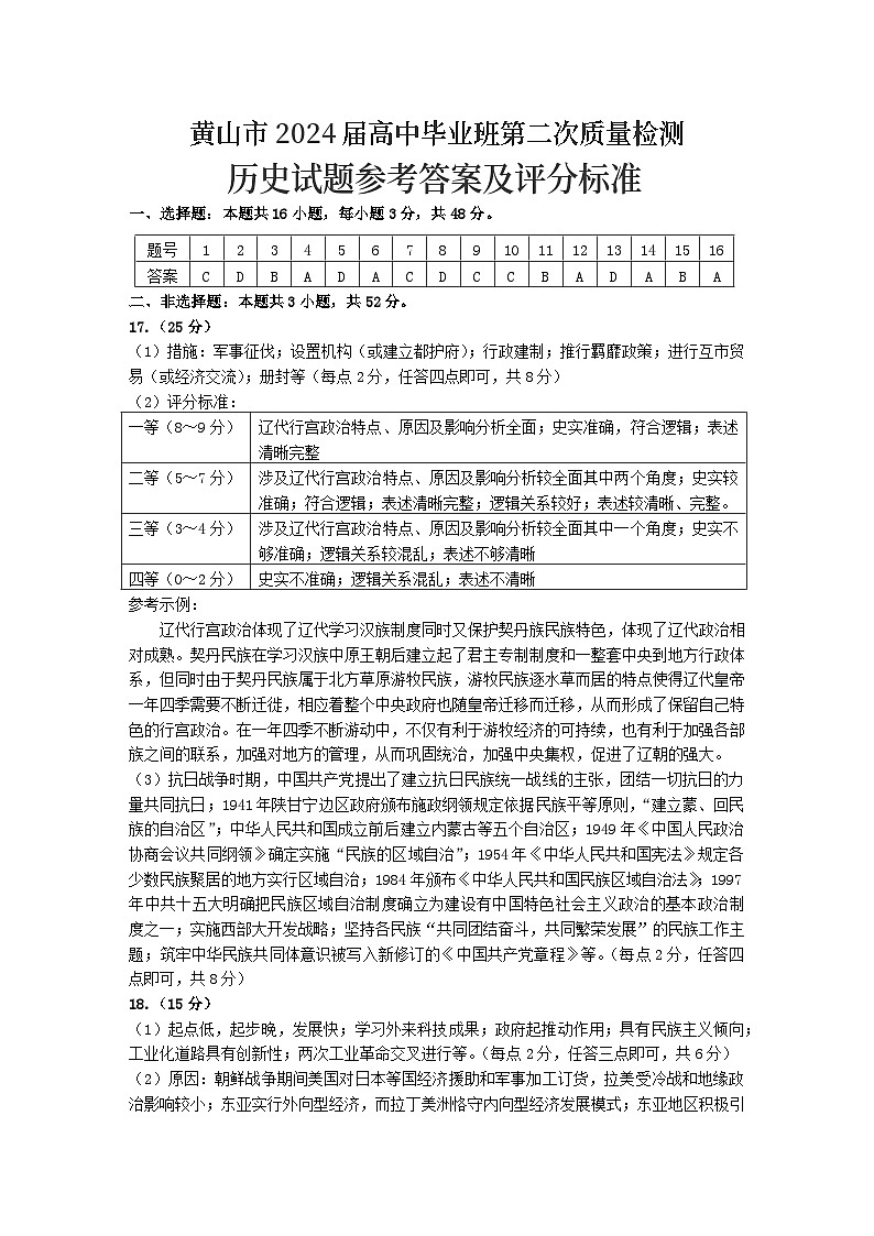 安徽省黄山市2024届高三下学期第二次质量检测（二模）历史试卷（Word版附答案）01