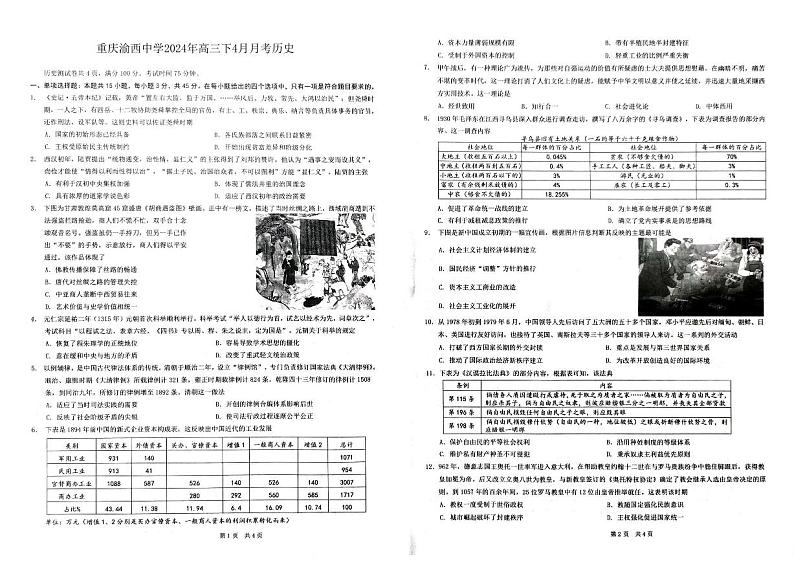 重庆市渝西中学2023-2024学年高三下学期4月月考历史试题01