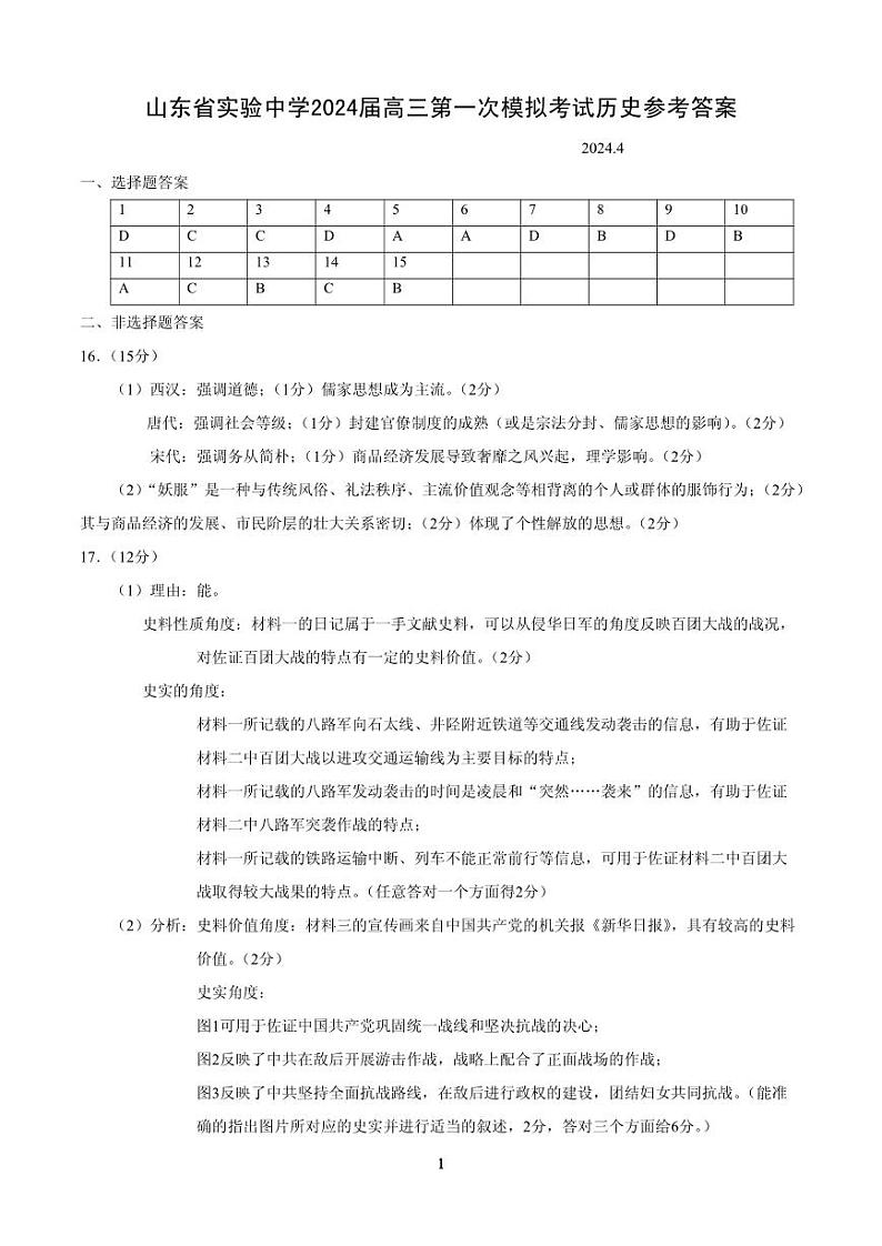 2024届山东省实验中学高三下学期一模考试历史试题01