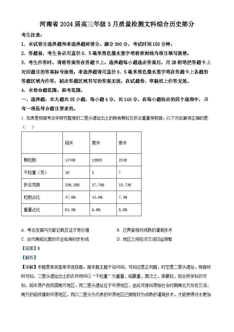 河南省九师联盟2023-2024学年高三下学期3月质量检测文科综合试卷-高中历史（原卷版+解析版）01