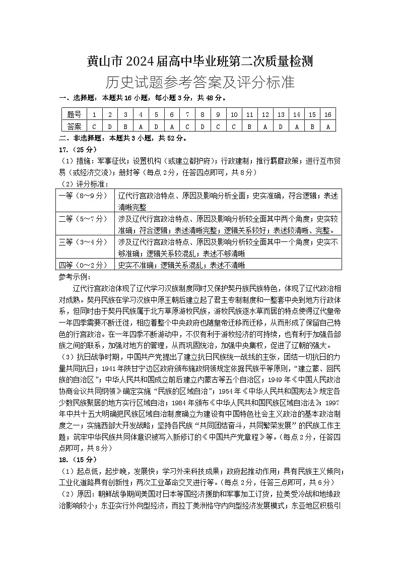 安徽省黄山市2024届高三下学期第二次质量检测试题（二模）历史参考答案01