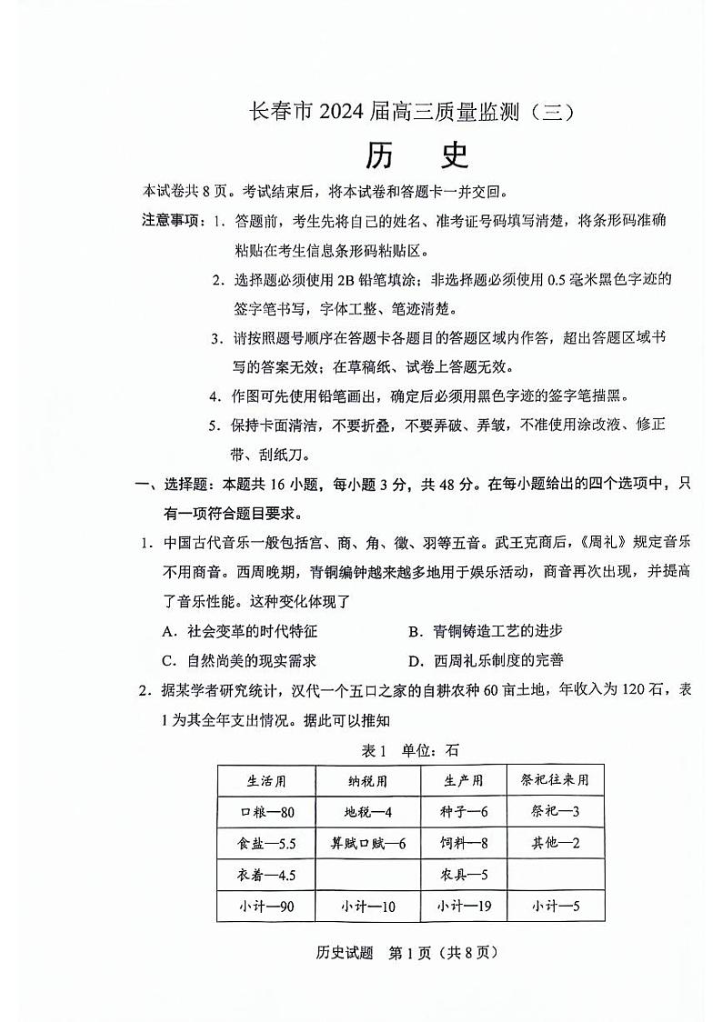 吉林省长春市2024届高三下学期三模历史试题01