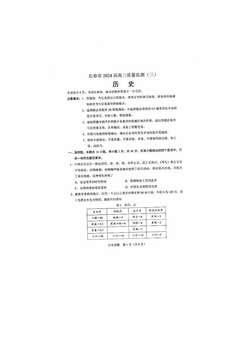 2024年长春市高三三模历史试题和答案第1页