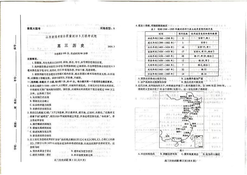 山东省新高考联合质量测评2023-2024学年高三下学期3月联考历史试题第1页