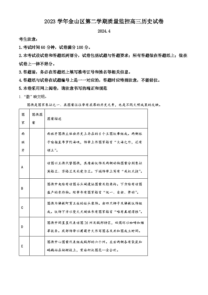 2024届上海市金山区高三下学期二模历史试卷（原卷版+解析版）01