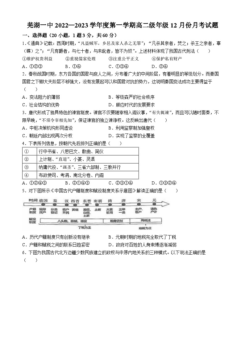 安徽省芜湖市第一中学2022-2023学年高二上学期12月月考历史试题（Word版附答案）第1页