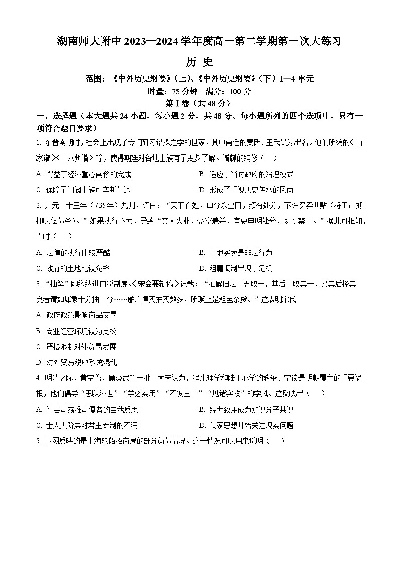 湖南师范大学附属中学2023-2024学年高一下学期第一次大练习历史试题（Word版附解析）01