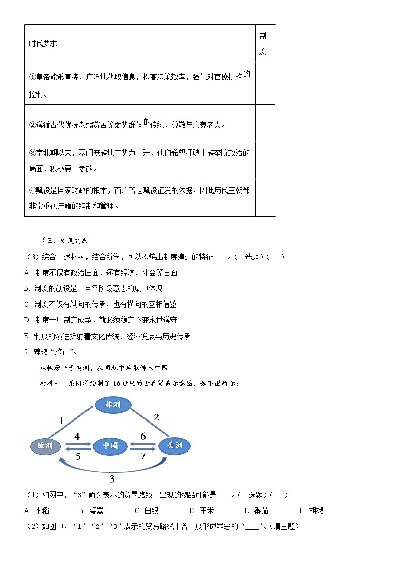 2024年上海市崇明区高三下学期高考二模历史试卷含详解第2页