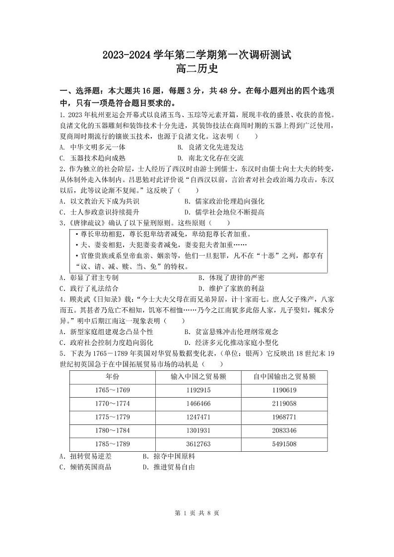 试卷 2023-2024学年第二学期第一次调研测试 高二历史第1页