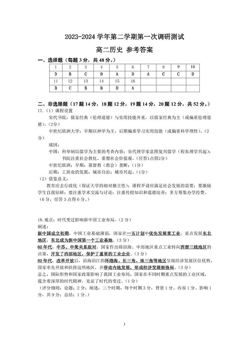 答案 2023-2024学年第二学期第一次调研测试 高二历史第1页