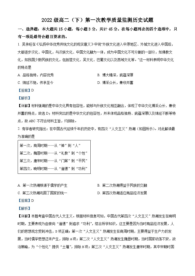 四川省眉山市仁寿县2023-2024学年高二下学期4月第一次教学质量监测（期中）历史试题（期中+期中）01