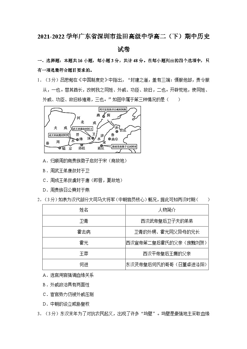 2021-2022学年广东省深圳市盐田高级中学高二（下）期中历史试卷01