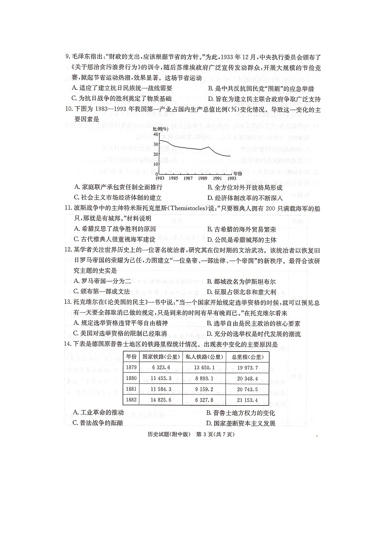 2024届湖南省长沙市湖南师范大学附属中学高三历史月考卷（七）第3页