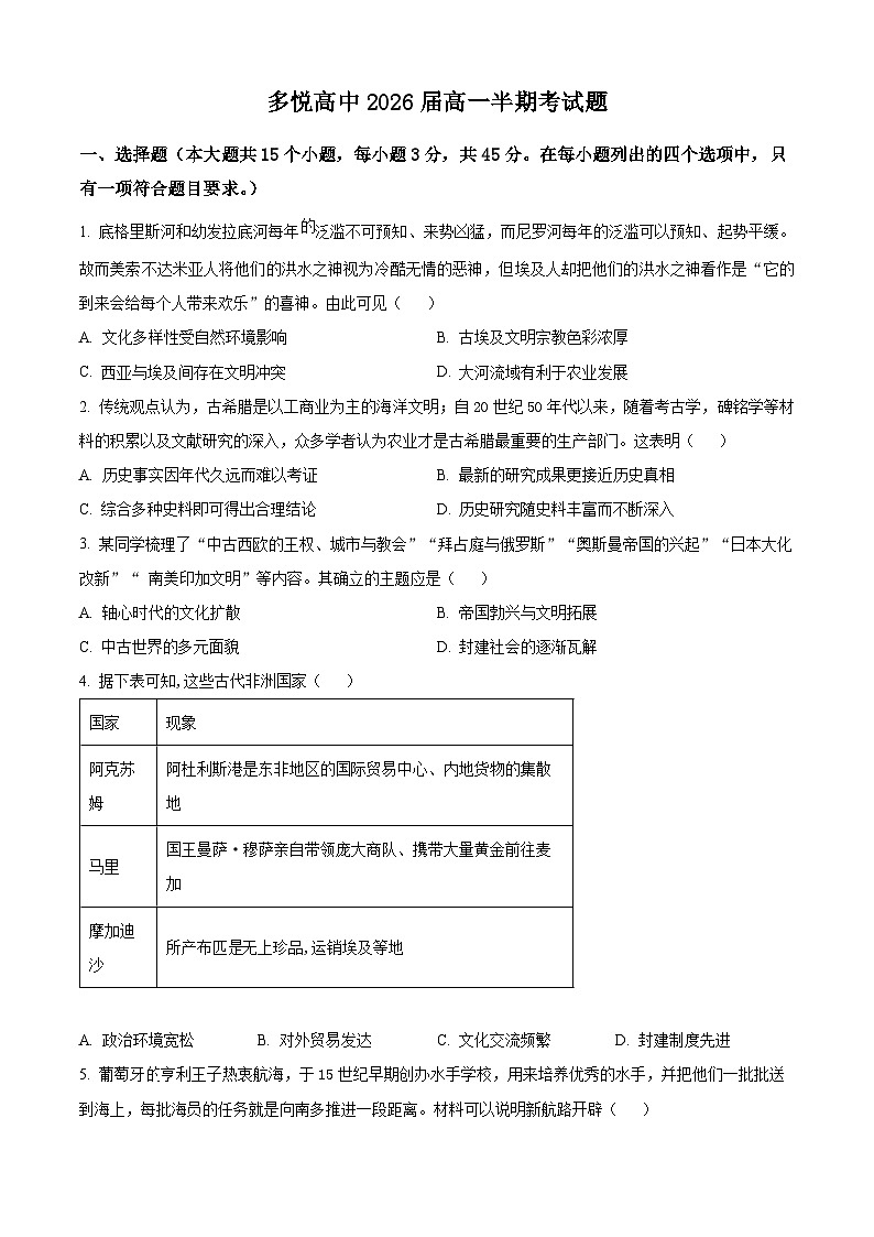 四川省眉山市东坡区多悦高级中学校2023-2024学年高一下学期期中历史试题（原卷版）第1页
