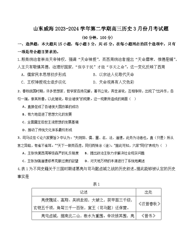 山东省威海市2023-2024学年高三下学期3月月考历史试题01