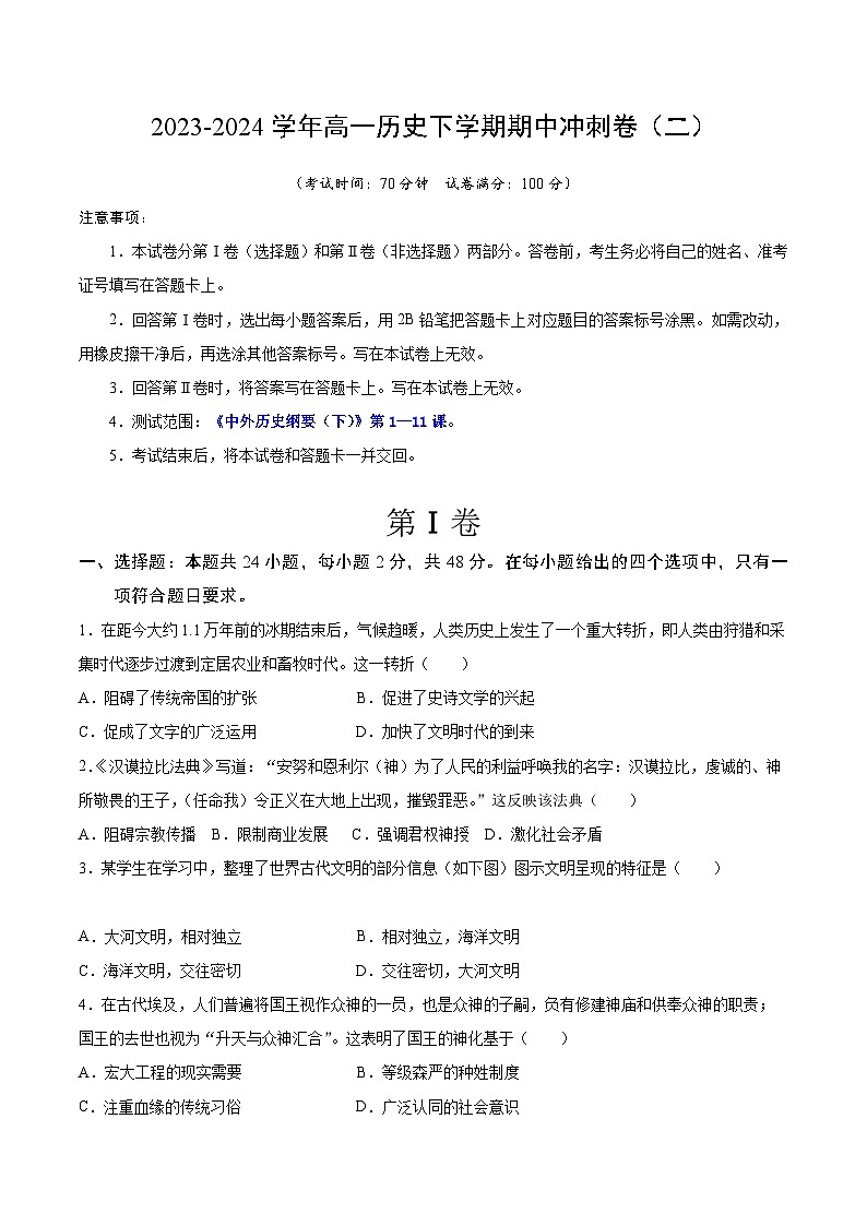 【期中模拟】中外历史纲要下2023-2024学年高一下册历史 期中冲刺卷（二） 【范围：纲要下1—5单元】.zip01