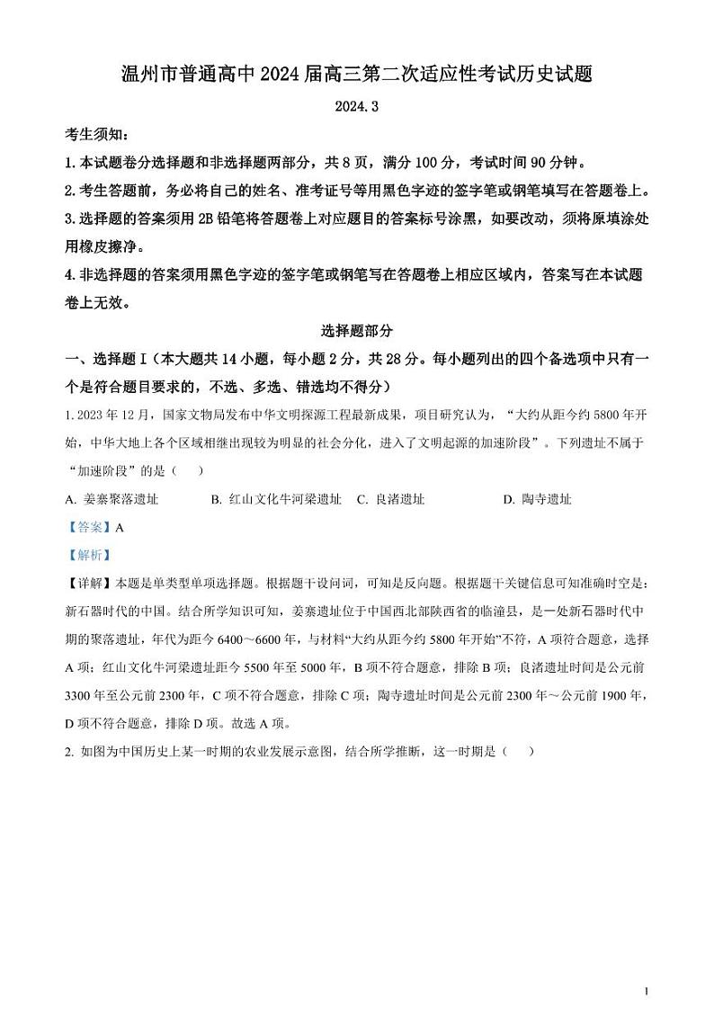 2024届浙江省温州市高三下学期第二次适应性考试历史试题含解析01