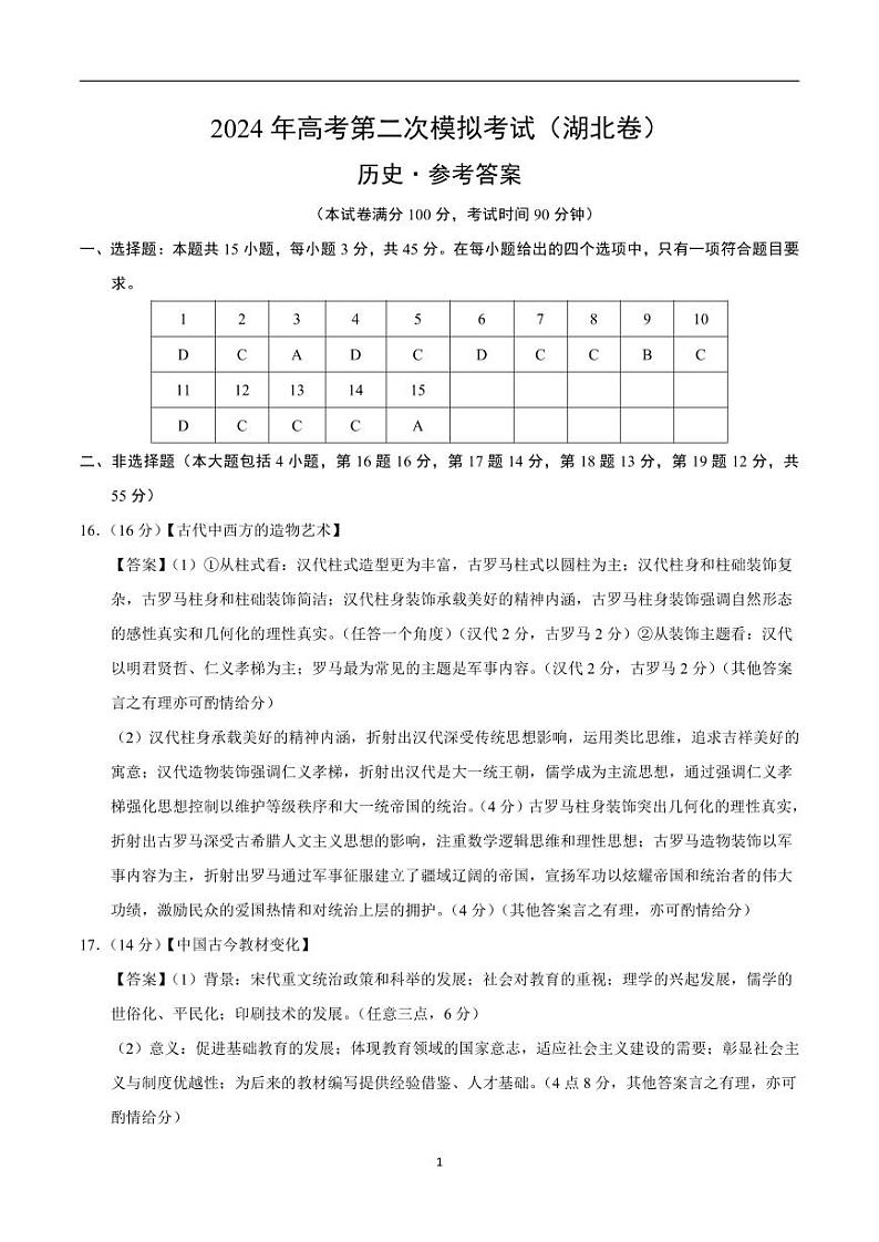 2024年高考第二次模拟考试：历史（湖北卷）（参考答案）01