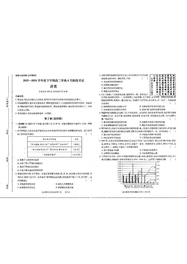 辽宁省2023-2024学年高一下学期4月月考(金太阳419A)历史试卷01